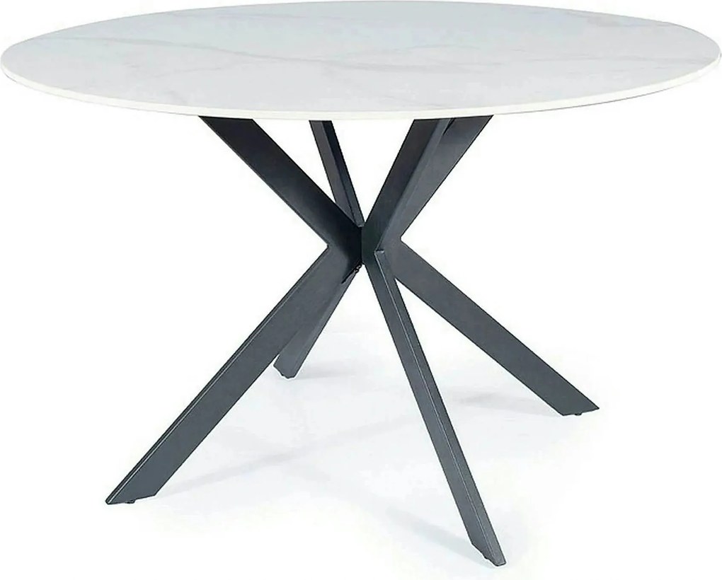 Masa TALIA, alb cu efect de marmura/negru mat, ceramica/metal, 120x120