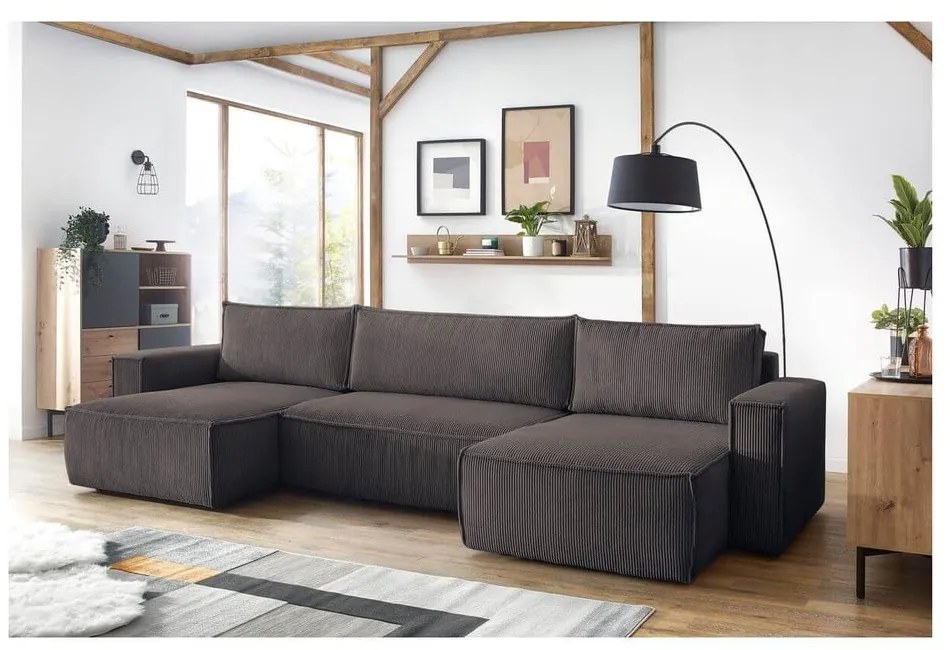 Colțar taupe extensibil cu tapițerie din catifea reiată (în formă de "U") Nihad – Bobochic Paris