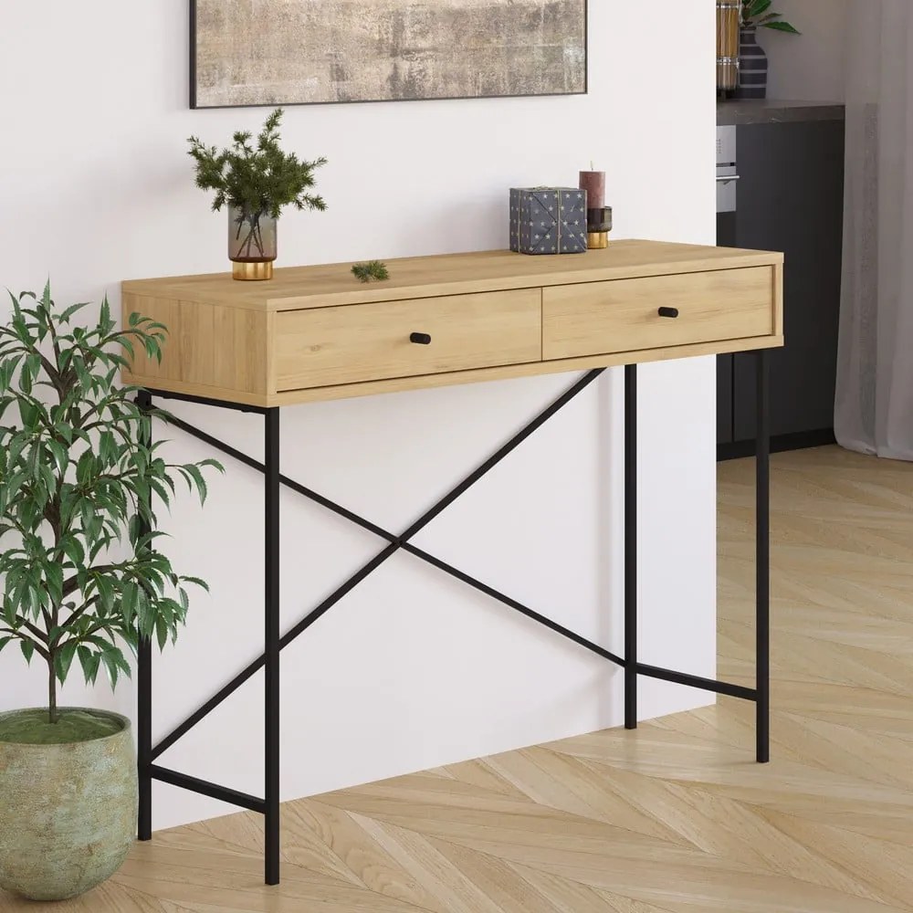 Masă consolă în culoare naturală cu blat cu aspect de lemn de stejar 35x110 cm Titan – Marckeric