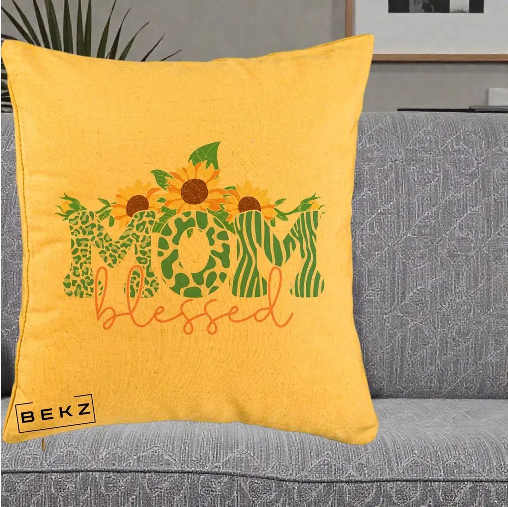 Cadou pentru Mama - Perna Personalizata Mom Blessed cu Floarea Soarelui Animal Print Teal, 40x40 cm, Galben, Husa Detasabila, Perna Inclusa, BEKZ®