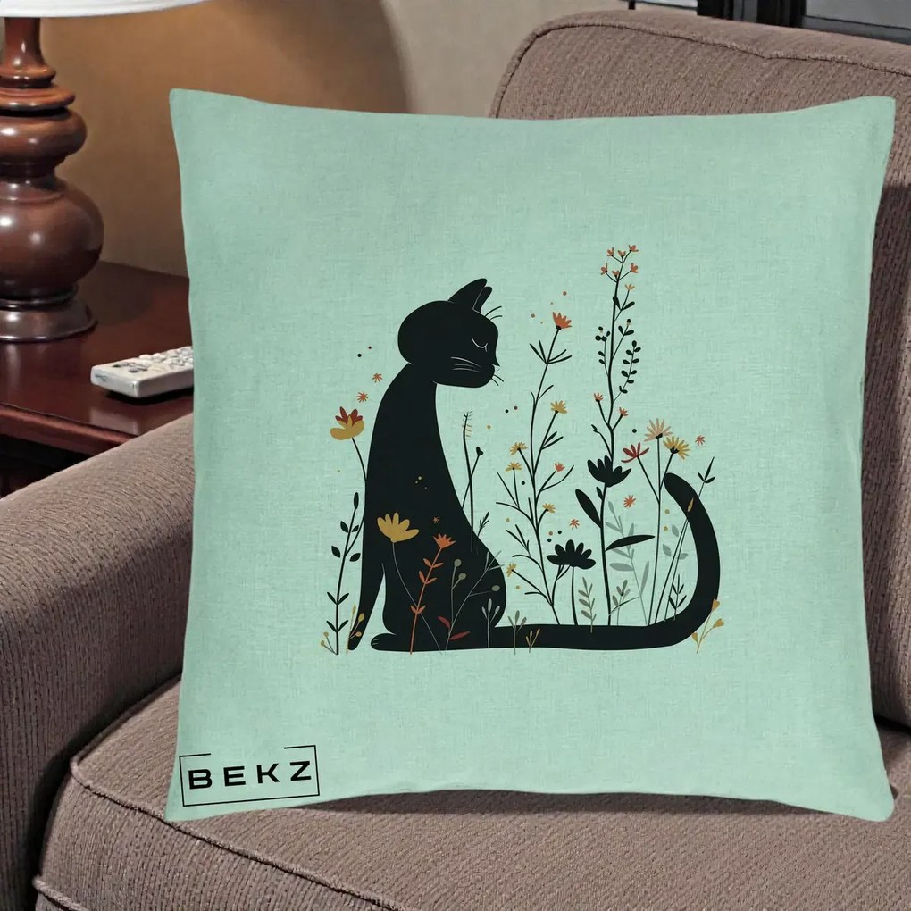 Perna Decorativa Pisica Neagra Flori Portocalii Silueta, 40x40 cm, Verde Menta, Husa Detasabila, Perna Inclusa, BEKZ®