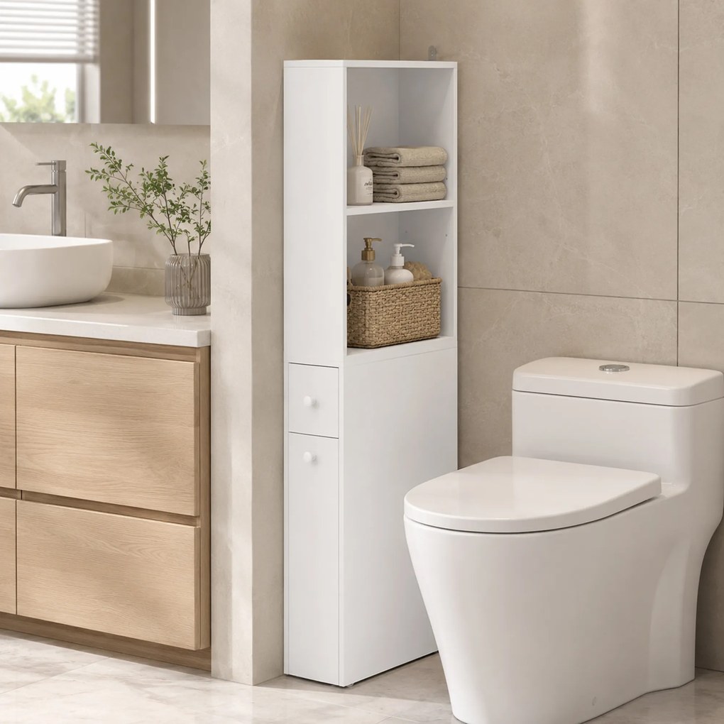 HOMCOM Dulap Baie Slim cu Organizator Glisant pe Roți, Sertar și Raft Reglabil, MDF, 18 x 40 x 135 Cm, Alb | Aosom Romania
