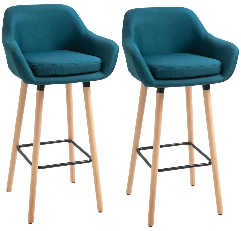 HOMCOM Taburete de Bar Design scandinav - Set de 2 Taburete de Bar Grand Confort cu Suport pentru Picioare și Cotiere - Lemn masiv Lână albastră | Aosom Romania
