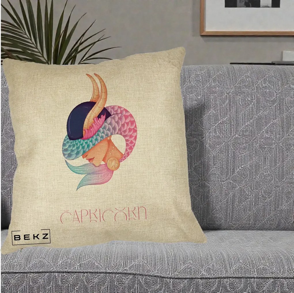 Perna Personalizata Zodiac Capricorn Cowgirl, 40x40 cm, Crem, Husa Detasabila, Perna Inclusa, BEKZ®