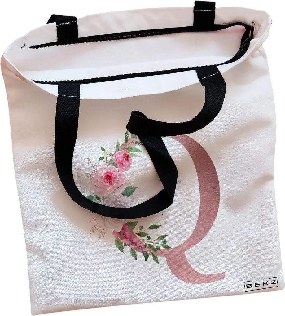 Sacosa de Panza pentru Cumparaturi, Geanta Tote, Cu litera Q Rose Gold si Trandafiri, Cu fermoar, 38x34.5 cm, Alba, BEKZ®