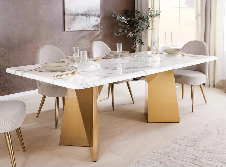 Masa design modern, Metal, Auriu, Marmura, Alb, EXTRAVAGANCIA 200cm, A-45929 VC
