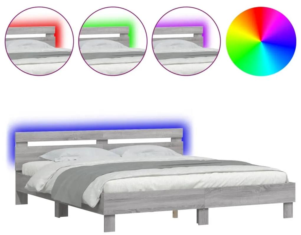 3207523 vidaXL Cadru de pat cu tăblie și LED, gri sonoma, 200x200 cm