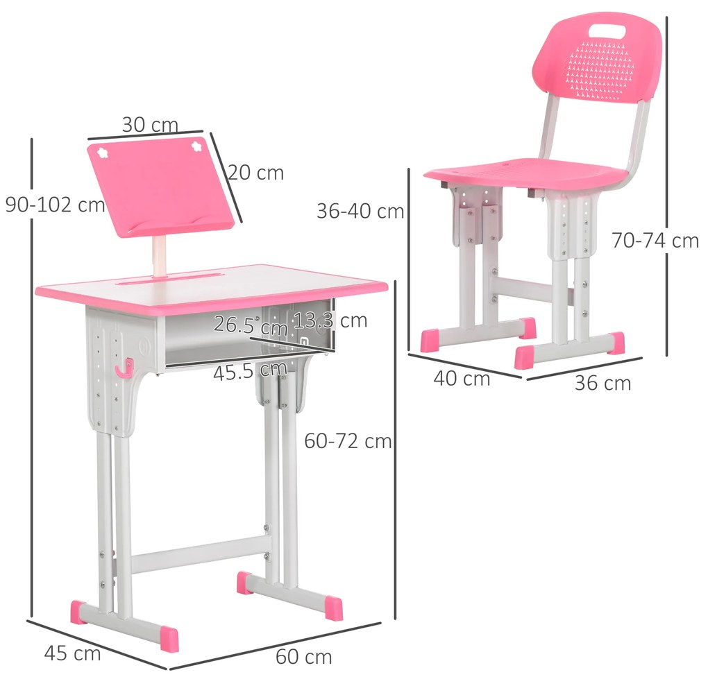 HOMCOM Bancă cu Scaun pentru Copii 6-12 ani cu Înălțime Reglabilă, Suport pentru Cărți și Raft, 60x45x90-102 cm, Roz | Aosom Romania