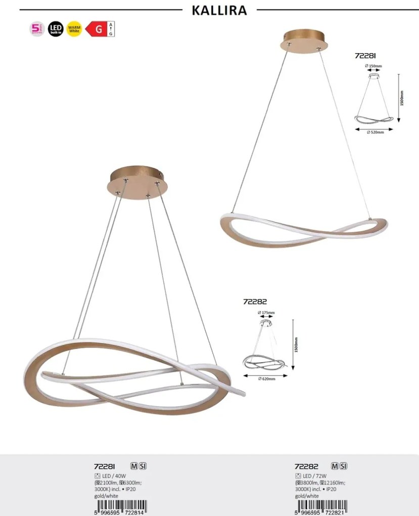Lustra LED suspendata din metal auriu Kallira D-62cm