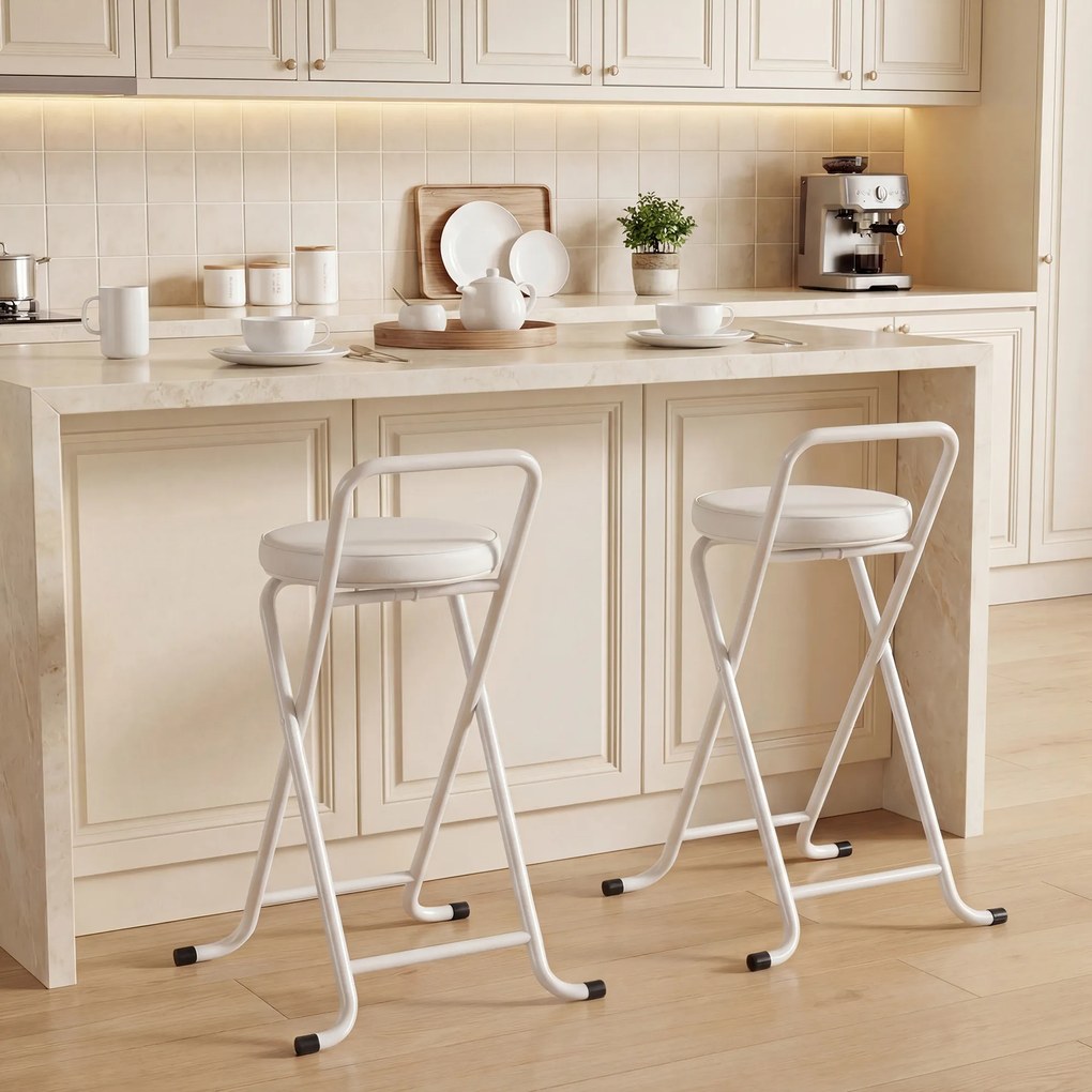 HOMCOM Taburete de Bar Pliabile Set de 2, Fără Montaj, Scaune de Bar, Șezut Căptușit 63 cm, Cadru din Oțel, Alb | Aosom Romania