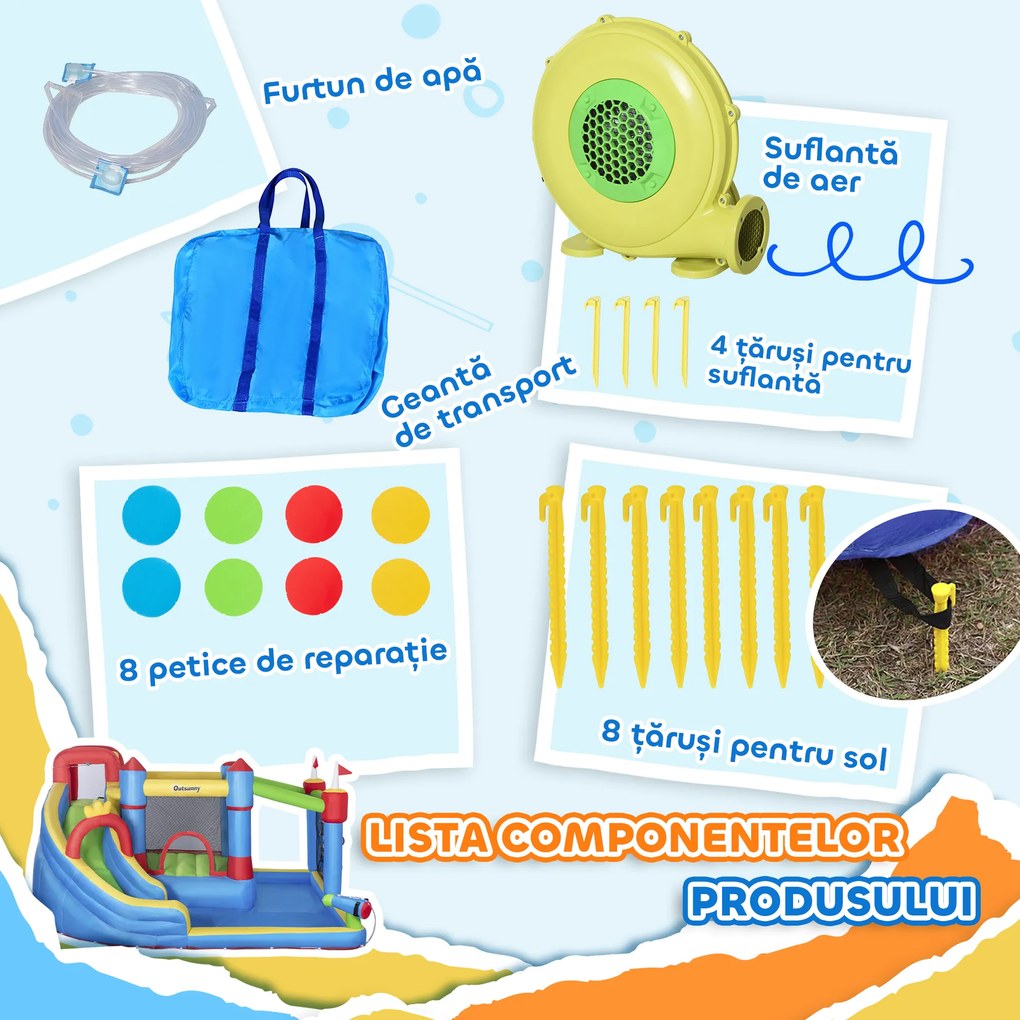 Outsunny Castel Gonflabil 5-în-1 pentru Copii, cu Sac Transport, 3-8 Ani, 3,9x3x2m, Multicolor | Aosom Romania