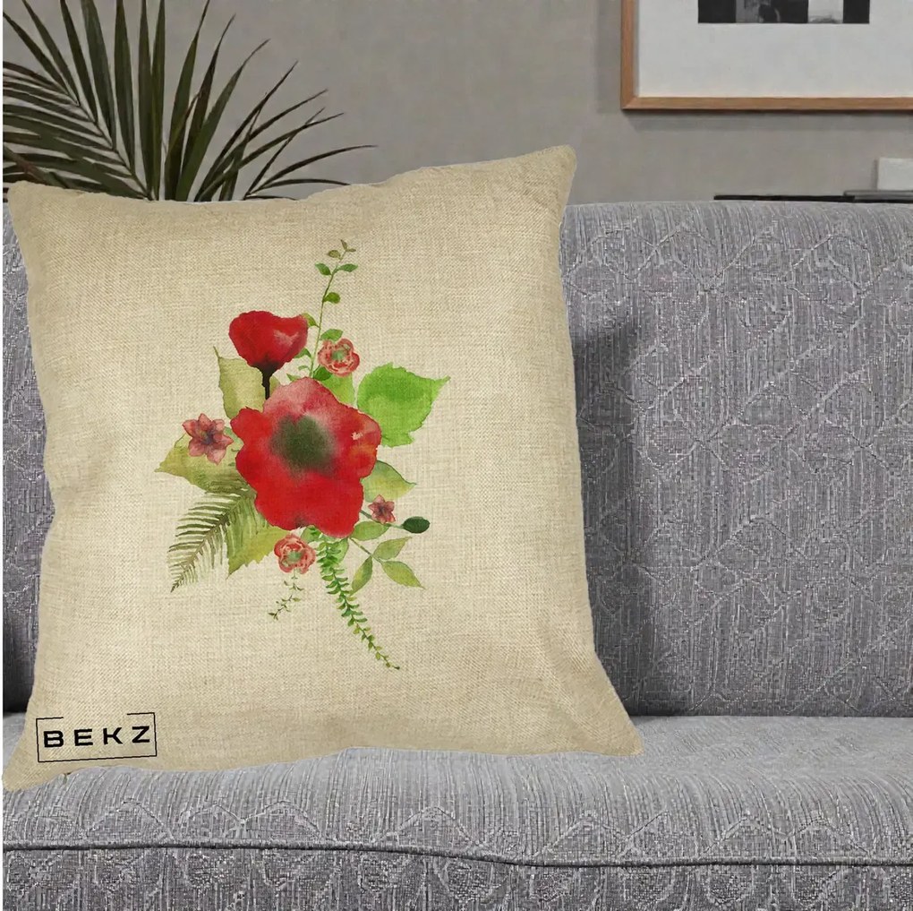 Perna Decorativa Buchet Rosu Acuarela, 40x40 cm, Crem, Husa Detasabila, Perna Inclusa, BEKZ®