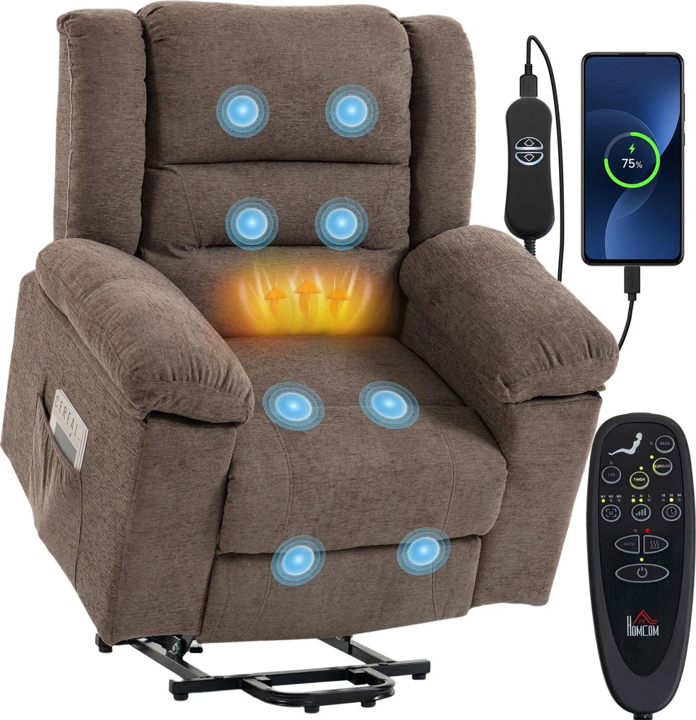 HOMCOM Fotoliu Electric cu Ridicare, Reclinare 150°, Masaj 8 Puncte, Încălzire, Maro | Aosom Romania