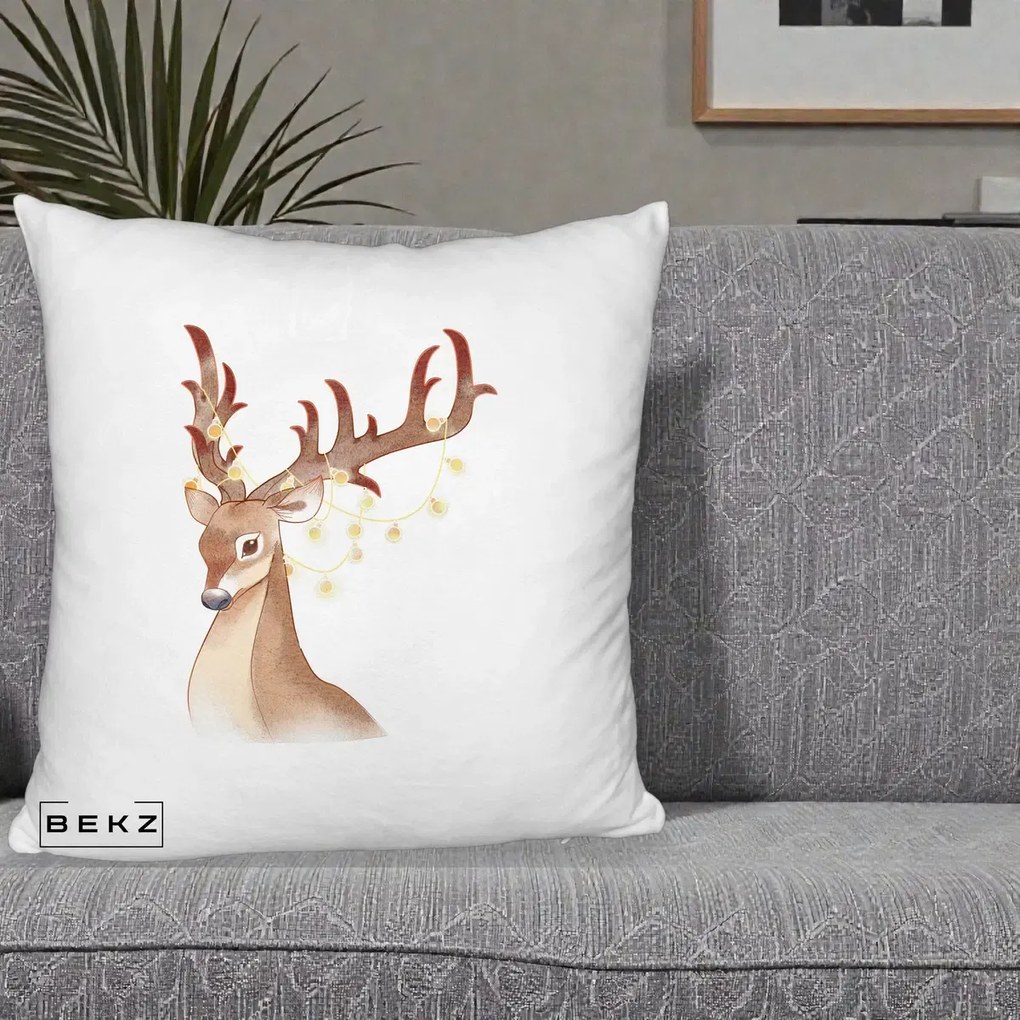 Perna Decorativa Ren cu Luminite de Craciun, 40x40 cm, Alb Pufos, Husa Detasabila, Perna Inclusa, BEKZ®
