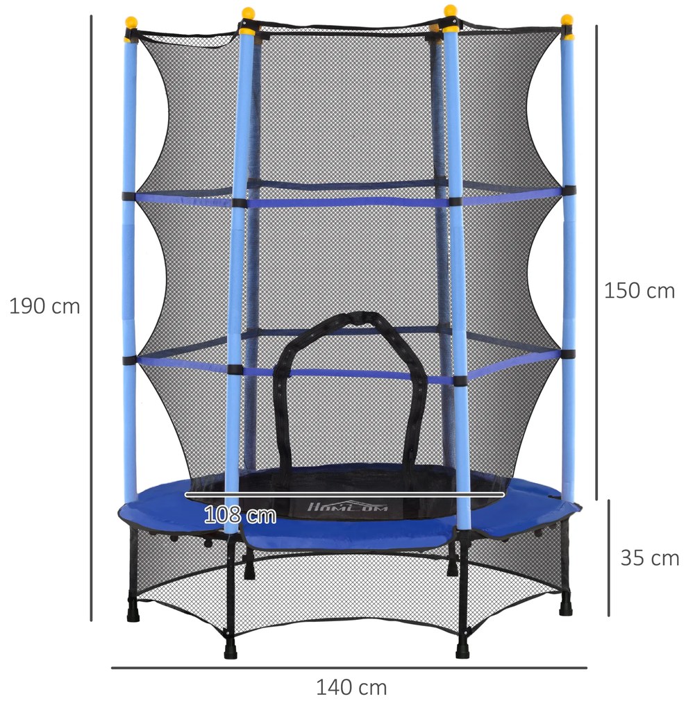 HOMCOM Trambolină Elastică pentru Copii cu Plasă de Siguranță și Țevi Căptușite, Vârstă 3-10 Ani, Ø140x190 cm, Albastru | Aosom Romania