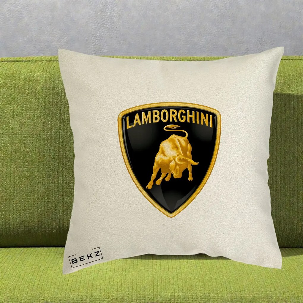 Perna Personalizata cu emblema Lamborghini, 40x40 cm, Ecru, Husa Detasabila, Perna Inclusa, BEKZ®