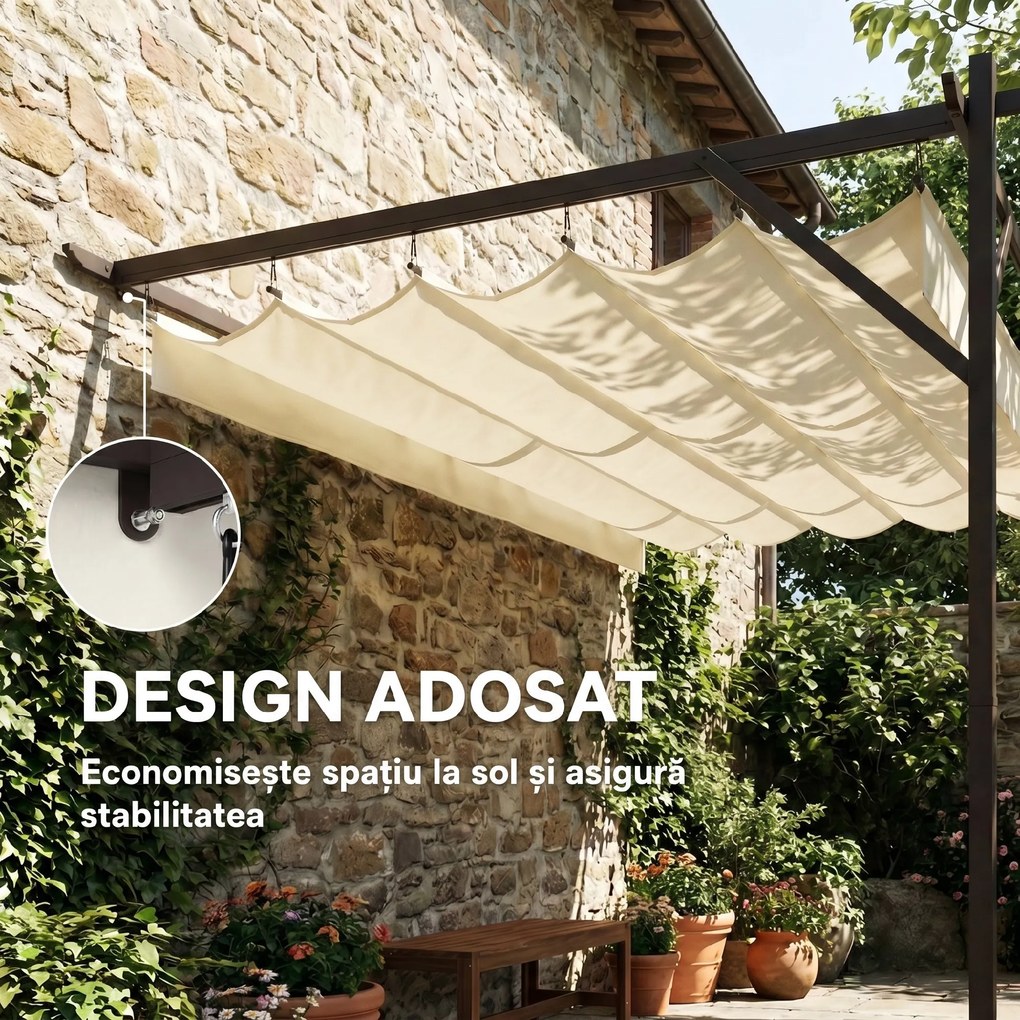 Outsunny Pergolă Adosată 3x3 m cu Acoperiș Retractabil, Orificii de Drenaj, Pergolă de Grădină din Poliester și Oțel, pentru Terasă, Exterior, UV30+, Alb Crem | Aosom Romania