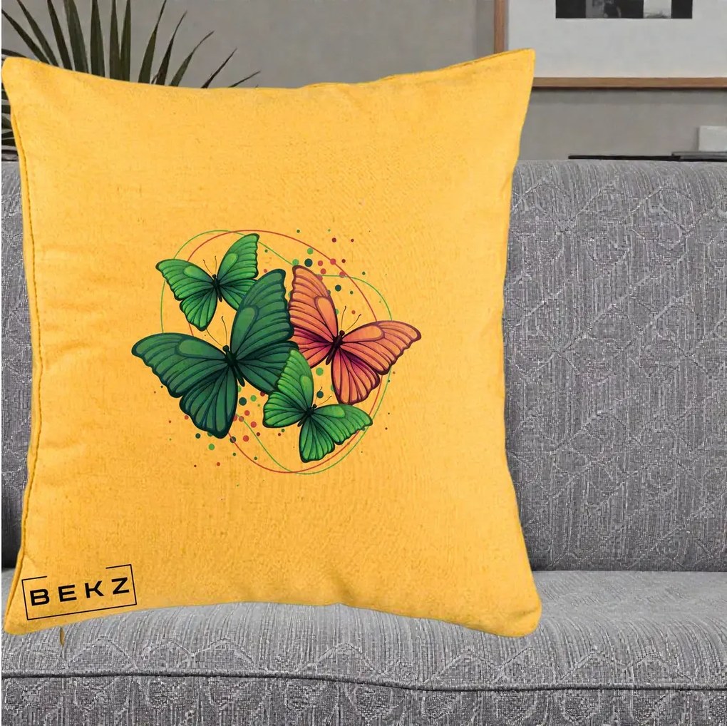 Perna Decorativa Patru Fluturi Turcoaz-Violet, 40x40 cm, Galben, Husa Detasabila, Perna Inclusa, BEKZ®