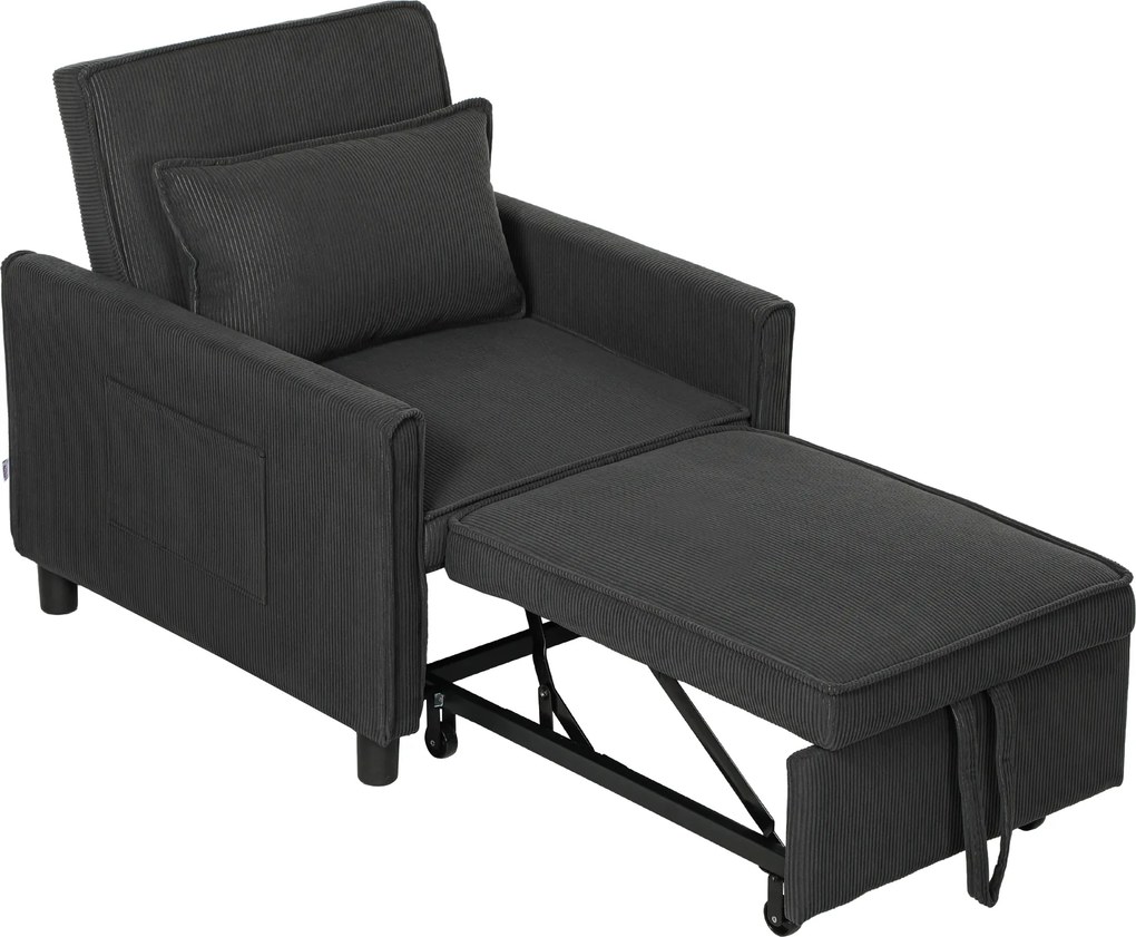 HOMCOM Fotoliu-Pat 3 în 1 cu Buzunare Laterale și Spătar Rabatabil, Fotoliu Modern Convertibil în Pat, 74x84x81 cm, Gri | Aosom Romania