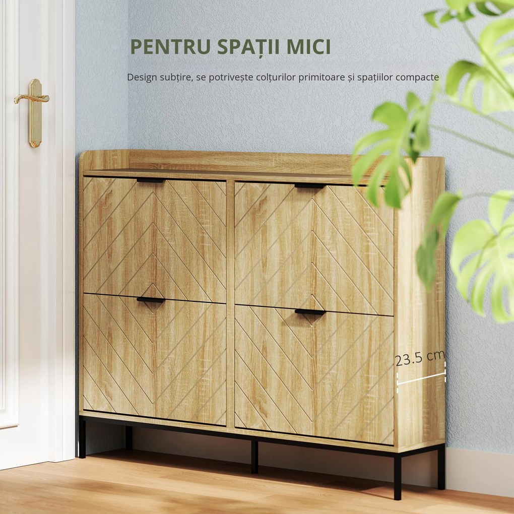 HOMCOM Mobila de pantofi 16 perechi cu 4 sertare, uși rabatabile, rafturi reglabile, 110 x 23,5 x 95,5 cm, stejar | Aosom Romania