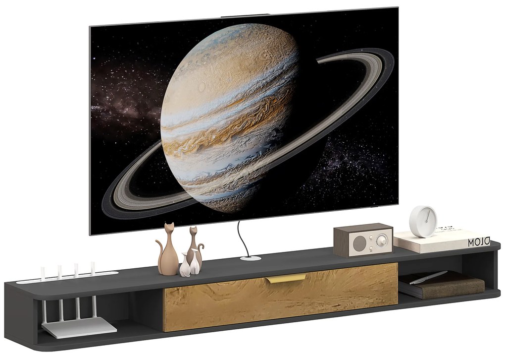 HOMCOM Suport TV suspendat cu compartimente deschise, usa rabatabila si treceri pentru cabluri, 160 x 24 x 16 cm, gri | Aosom Romania