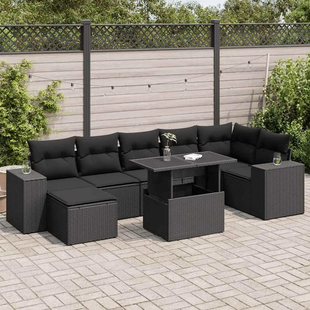 3326836 vidaXL Set mobilier de grădină cu perne, 8 piese, negru, poliratan