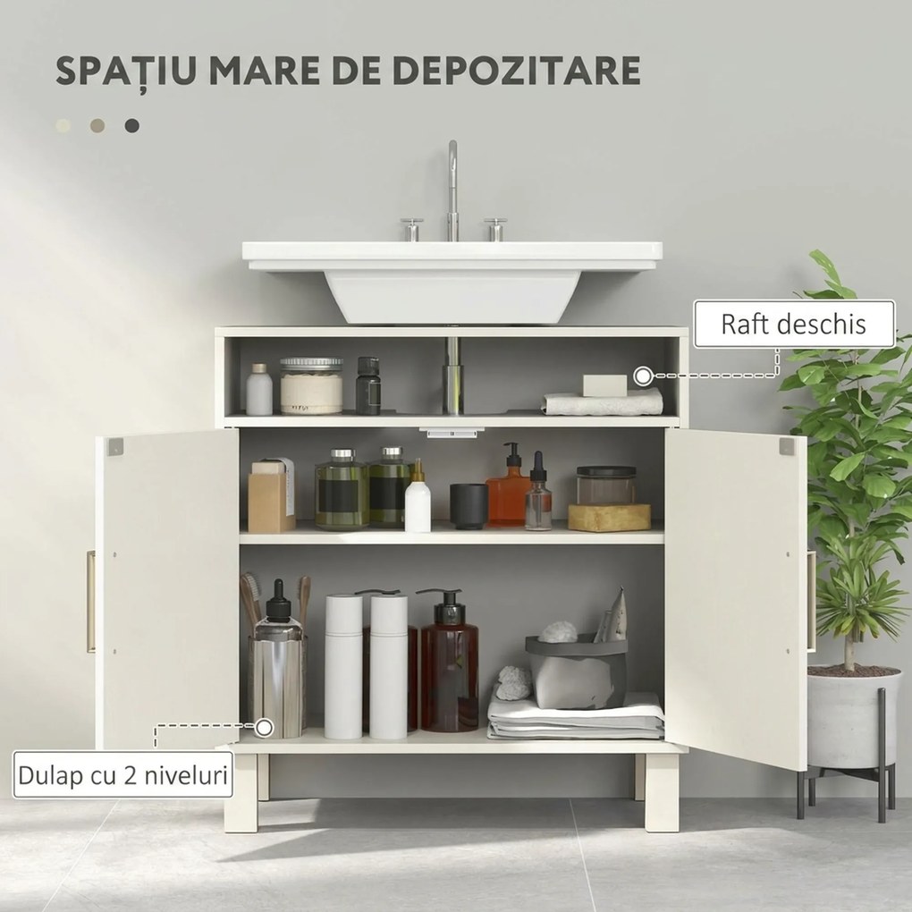 HOMCOM Dulap sub lavoar pentru baie, cu 2 uși arcuite încastrate, raft reglabil, pentru lavoare fără piedestal, crem | Aosom Romania