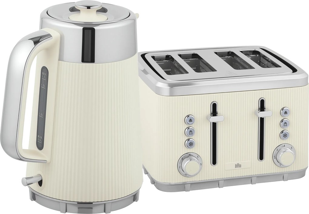 HOMCOM Fierbător 1,7 L 2200 W cu funcție de fierbere rapidă, filtru anticalcar și prăjitor cu 4 fante și 7 trepte de rumenire, alb-crem | Aosom Romania