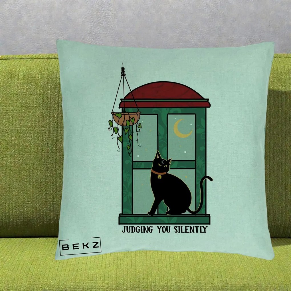 Perna Decorativa Judging You Silently Pisica Geam, 40x40 cm, Verde Menta, Husa Detasabila, Perna Inclusa, BEKZ®