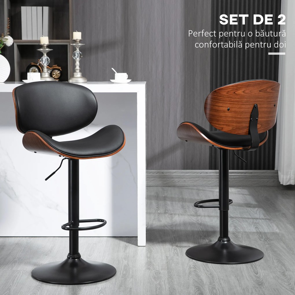 HOMCOM Set de 2 Scaune de Bar cu Spătar Reglabil pe Înălțime, Lemn și Piele Ecologică, 53x52x92-112 cm, Negru | Aosom Romania