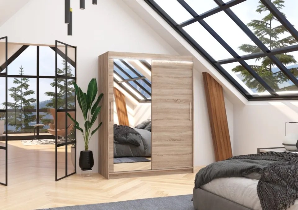 Dulap cu usi glisante si oglinda + iluminare LED, Bianco 150 + LED, 150 cmx200 cmx58 cm, ADRK Furniture (Culoare: Sonoma)