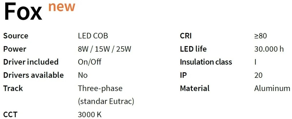 Spot LED directionabil pentru sina Link, FOX 15W CRI80 41° 3000K WH 250434 IDL