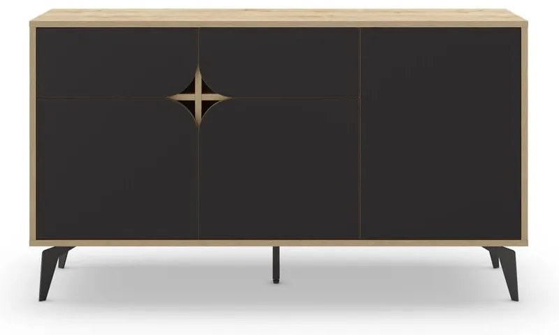 Comodă neagră/în culoare naturală joasă cu aspect de lemn de stejar 140x79 cm Nola – Marckeric