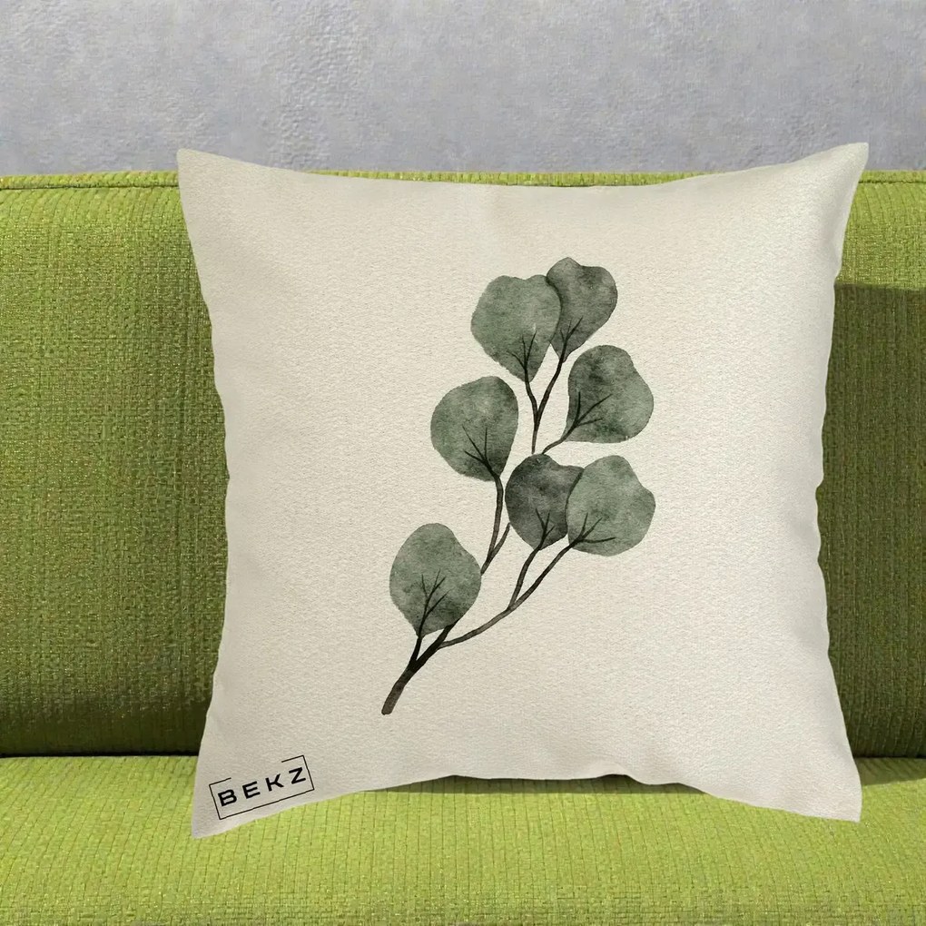 Perna Decorativa Ramura Eucalipt Acuarela, 40x40 cm, Ecru, Husa Detasabila, Perna Inclusa, BEKZ®
