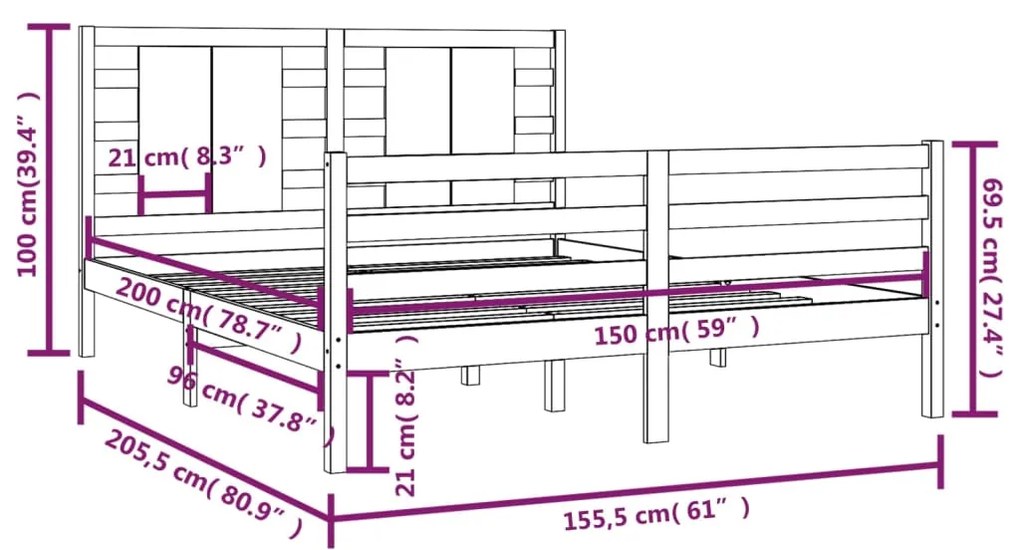 Cadru pat 5FT King Size, negru, 150x200 cm, lemn masiv de pin Negru, 150 x 200 cm