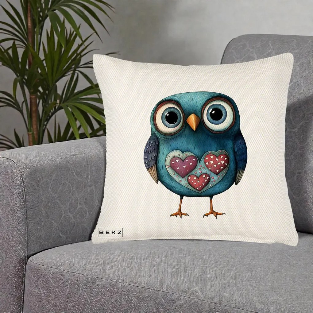 Perna Decorativa Bufnita Teal cu Doua Inimi, 40x40 cm, Crem Reliefat, Husa Detasabila, Perna Inclusa, BEKZ®