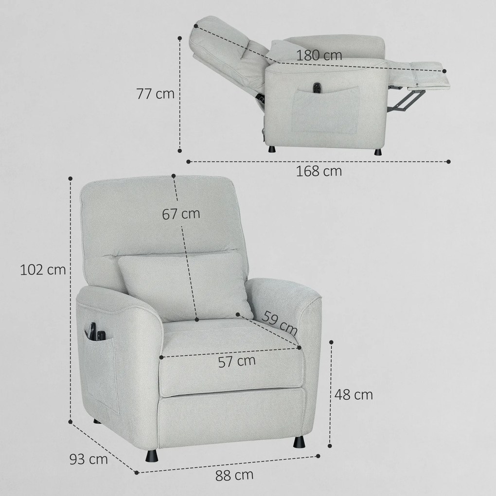 HOMCOM Fotoliu Relax Electric cu Masaj și Încălzire, Silențios, Reclinabil 150° în Cinilă cu Pernă, Funcție de Memorie, 2 Telecomenzi, Suport pentru Picioare pentru Living și Birou, Gri | Aosom Romania