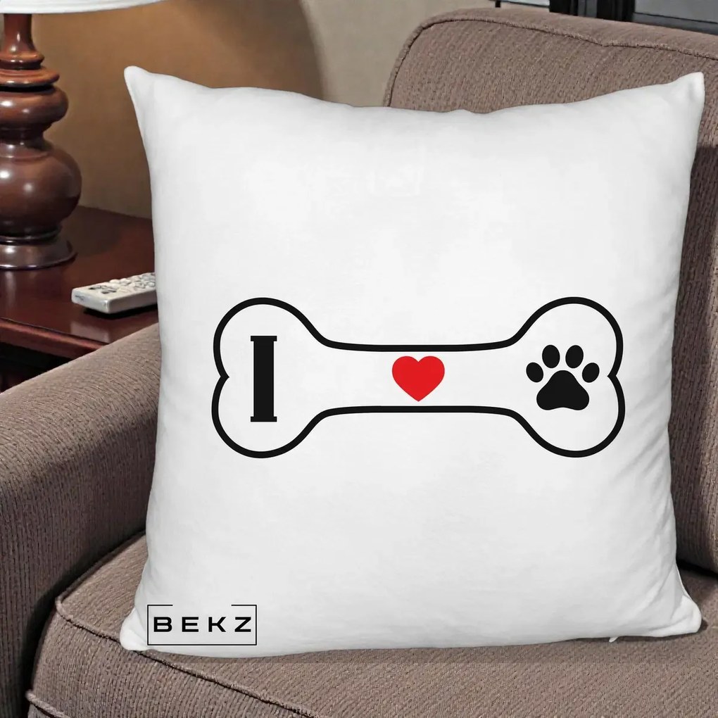 Perna Personalizata I Love Dog Os si Labuta, 40x40 cm, Alb Pufos, Husa Detasabila, Perna Inclusa, BEKZ®
