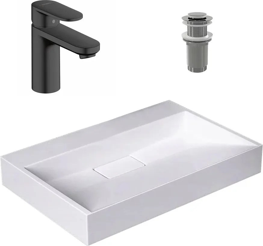 Pachet lavoar pe blat Rea Goya alb 60 cm, baterie lavoar Hansgrohe Vernis Blend 100 negru si ventil lavoar Click-Clack crom