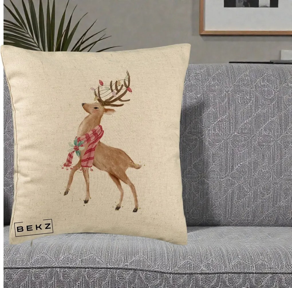 Perna Decorativa Renita cu Fular si Luminite, 40x40 cm, Bej, Husa Detasabila, Perna Inclusa, BEKZ®