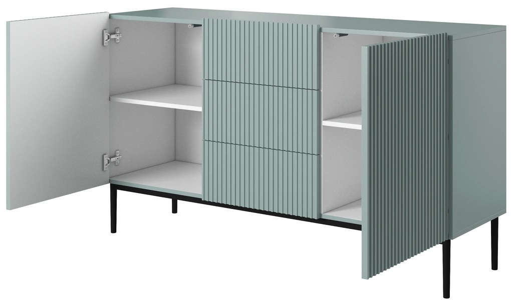 Comodă Nicole 150 cm cu trei sertare - MDF salvie / picioare negre