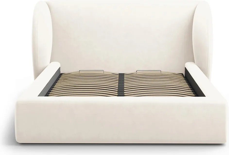 Pat tapitat cu tablie si lada depozitare, Miley, Micadoni Home, BL, 160x200 cm, catifea, bej deschis