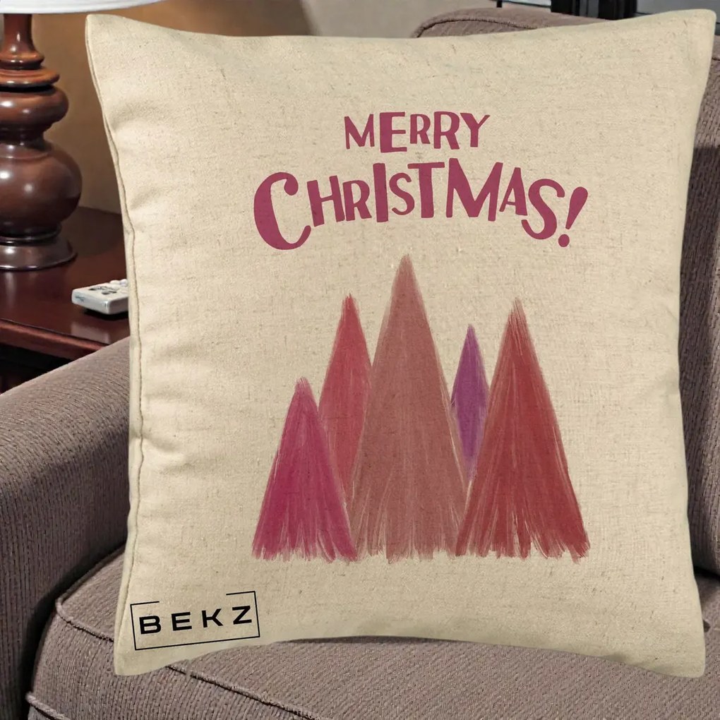 Perna Decorativa Merry Christmas Brazi Roz, 40x40 cm, Bej, Husa Detasabila, Perna Inclusa, BEKZ®