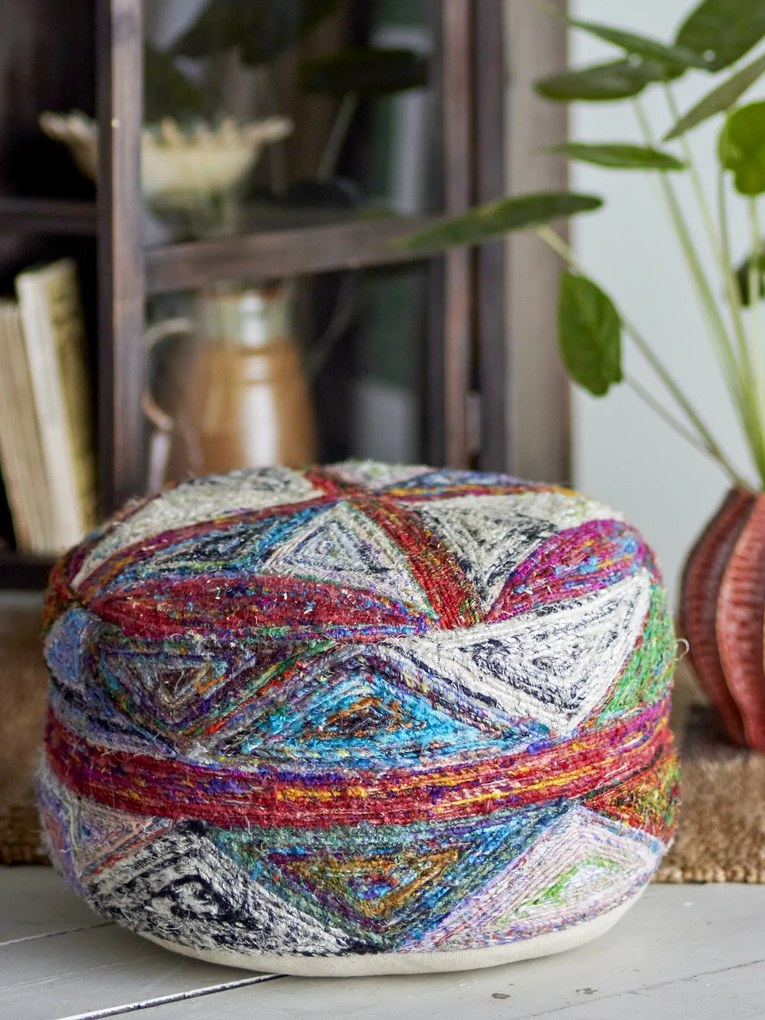 Taburet din bumbac țesut, multicolor, formă rotundă cusută manual, finisaj ignifug, 20 x 40 cm, „Torano”