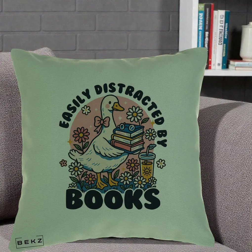 Perna Personalizata Easily Distracted by Books, 40x40 cm, Verde, Husa Detasabila, Perna Inclusa, BEKZ®