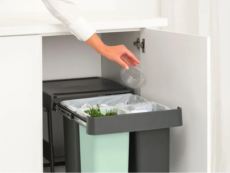 Cos colectare selectiva Brabantia Sort&Go 1008864, 2x10 L+20 L, Materiale ecologice, Economie de spatiu, Gri închis/Verde