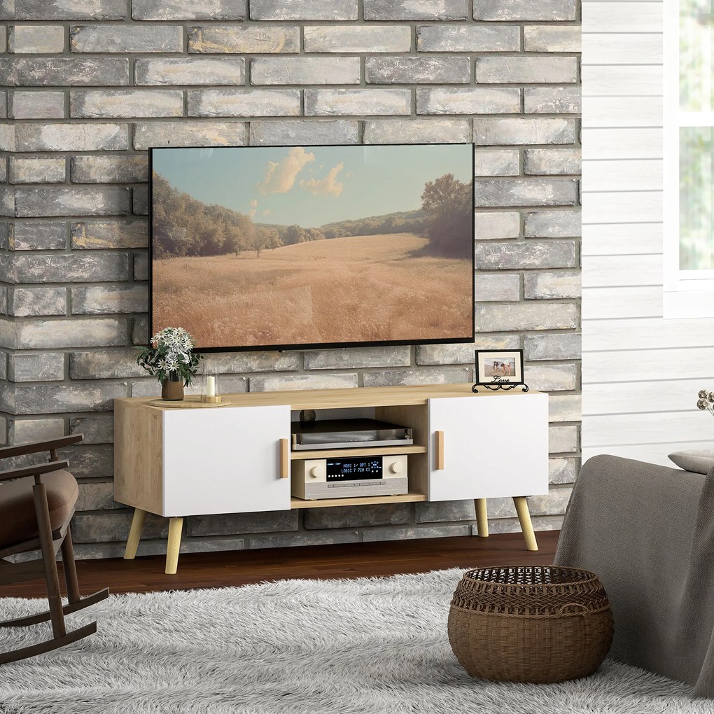 HOMCOM Comodă TV din lemn pentru televizor până la 127 cm cu rafturi, 2 dulapuri și orificii pentru cabluri, stejar | Aosom Romania