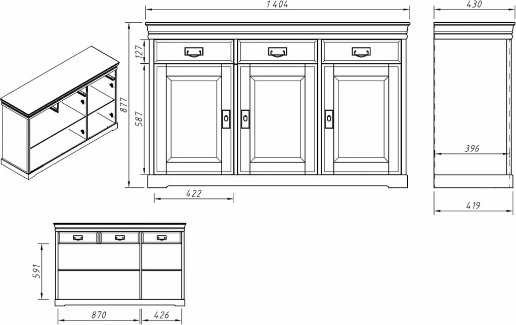 Comodă lemn masiv alb Florence, 140 × 43 × 88 cm
