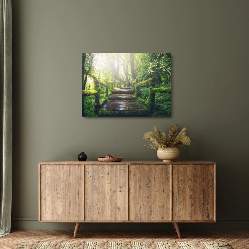 Tablou pe sticlă - trepte din lemn în pădure (70x50 cm)