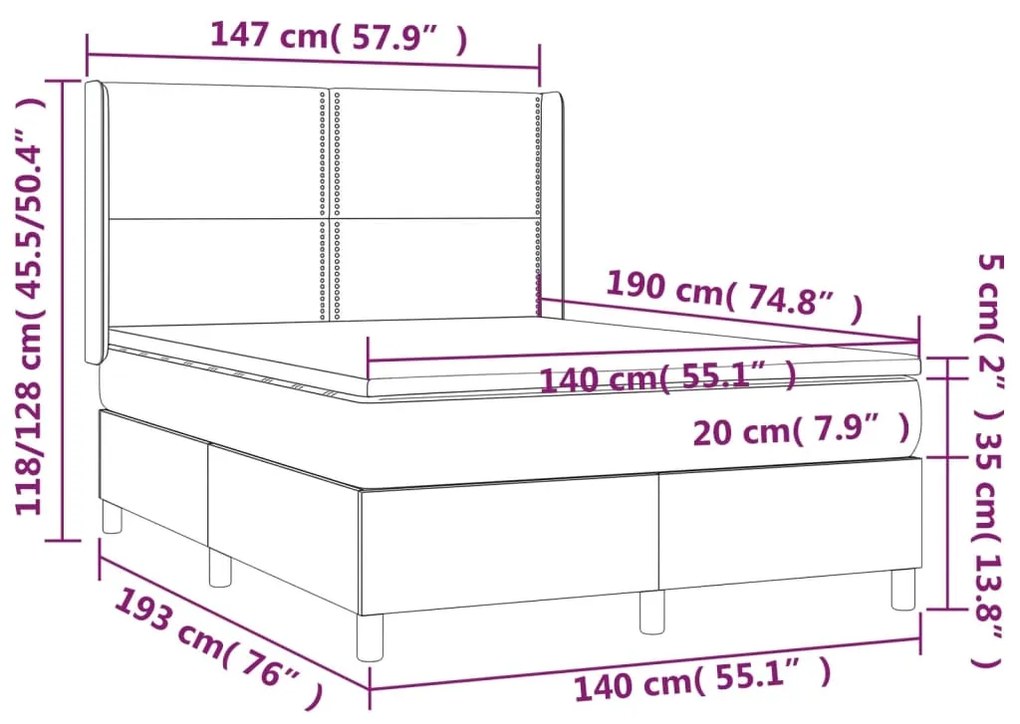 Pat box spring cu saltea, albastru inchis, 140x190 cm, catifea Albastru inchis, 140 x 190 cm, Culoare unica si cuie de tapiterie